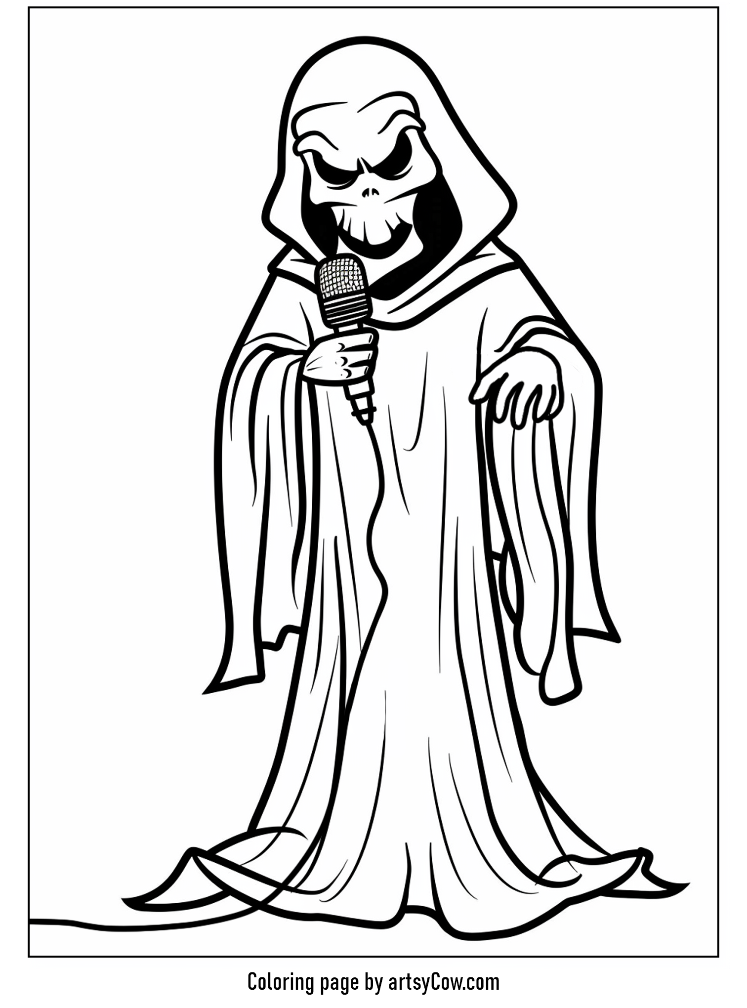 free halloween coloring pages for kids and adults, featuring a ghost holding a microphone, ready to sing a spooky song.